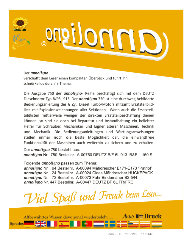 Deutz Diesel Motor Typ B/F6L 913 Bild- Bedienungsanleitung & Wartungsanleitung & Bild- Ersatzteilliste & Explosionszeichnungen - annoligno 750